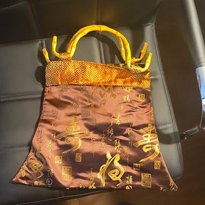 Brown & Gold Satin Asian bag with Bamboo Handles and inside zippered pocket